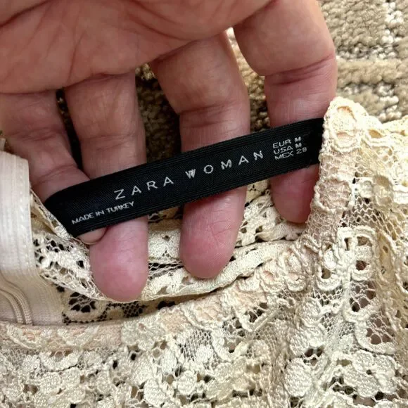 Zara Semi-Sheer Lace Midi Dress Women's M Cream Nude Minimalist Coquette EUC - Picture 5 of 13